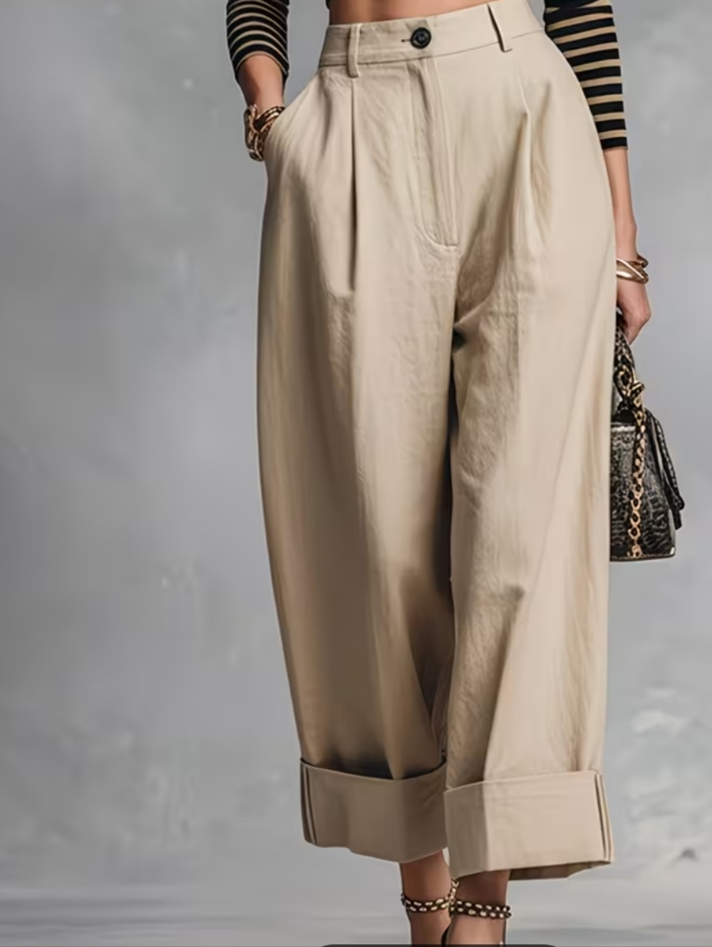 Women's High-Waist Wide-Leg Cuffed Pants - Beige